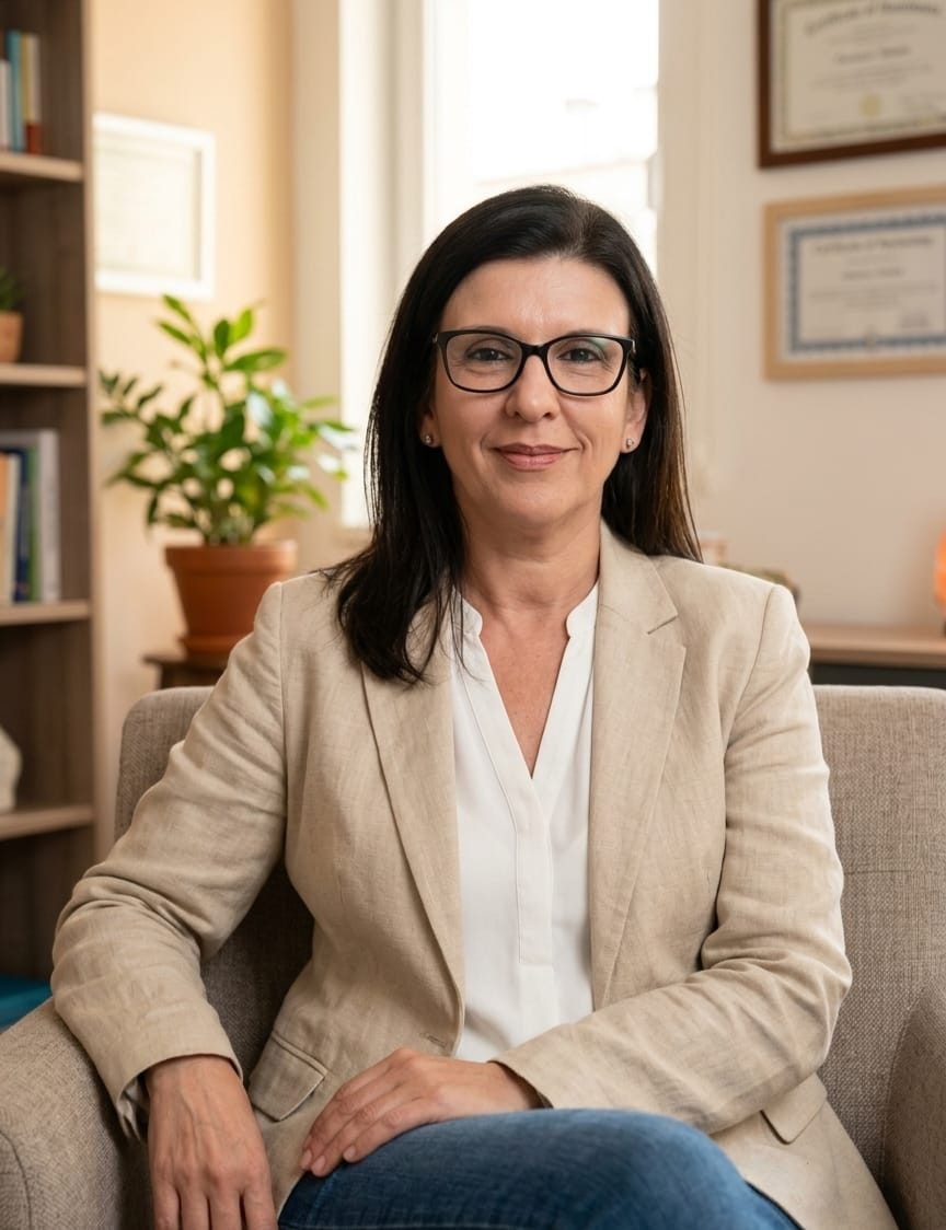 Juliana Queiroz no consultório em João Pessoa, com os diplomas na parede